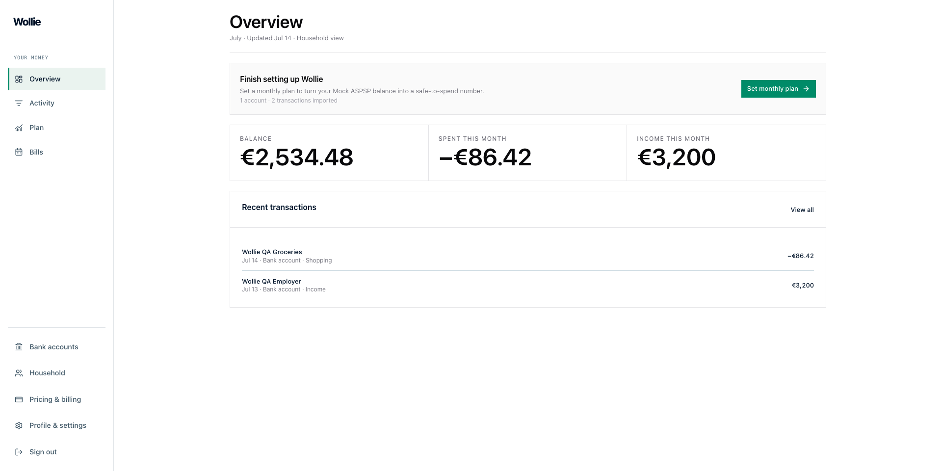 Wollie dashboard showing what is available to spend